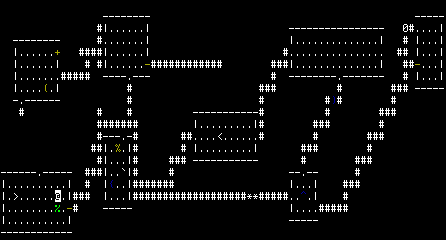 A dungeon map on a dark terminal. The map is represented by various text characters